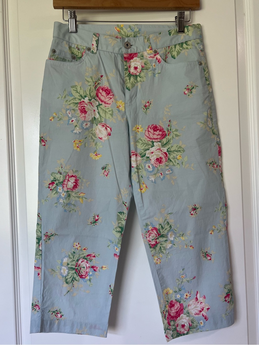 Ralph Lauren Vintage Blue Capri Women’s Preppy Jeans Pink Floral Rose 4 Petite